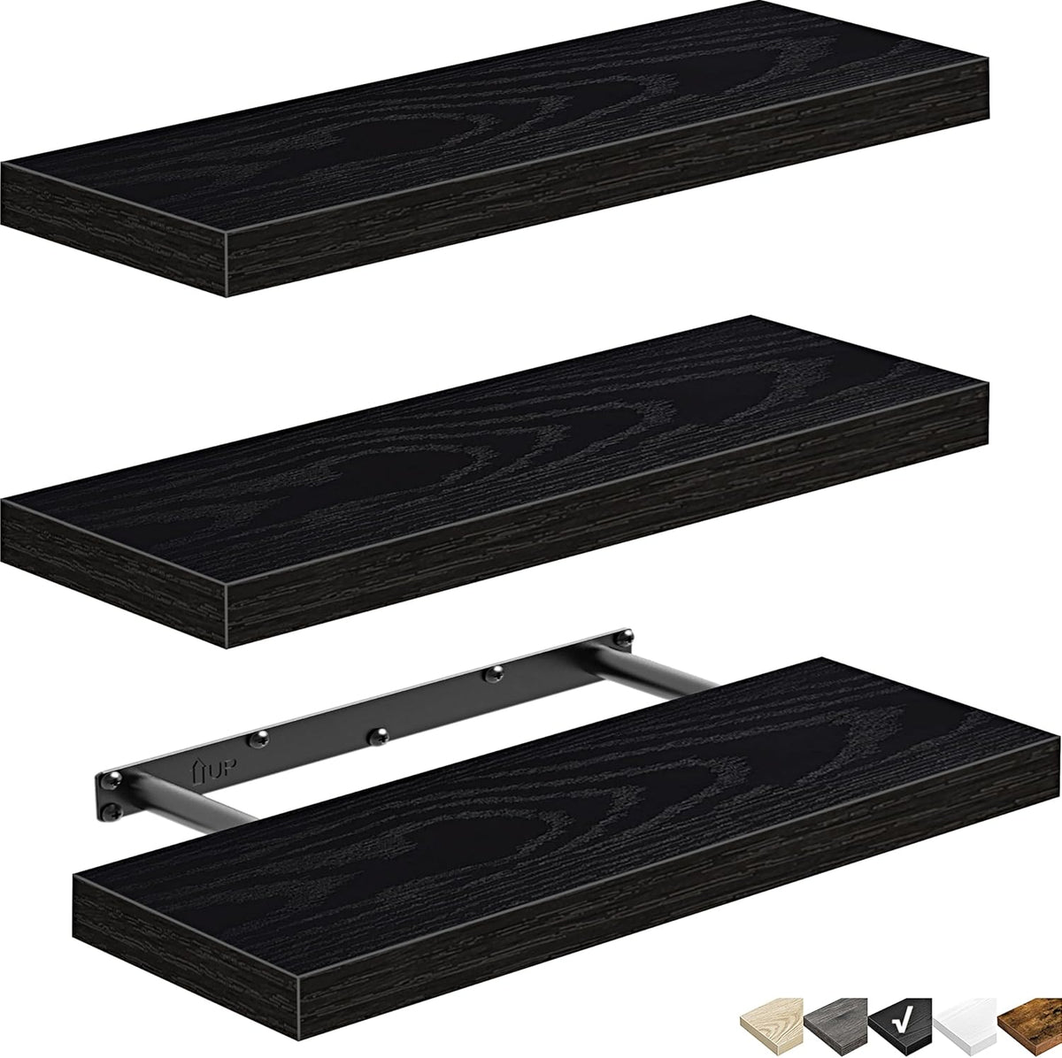 QEEIG Floating Shelves - Stylish Wall Storage for Bathroom, Bedroom & Kitchen - Set of 3, 16 Inch, Black
