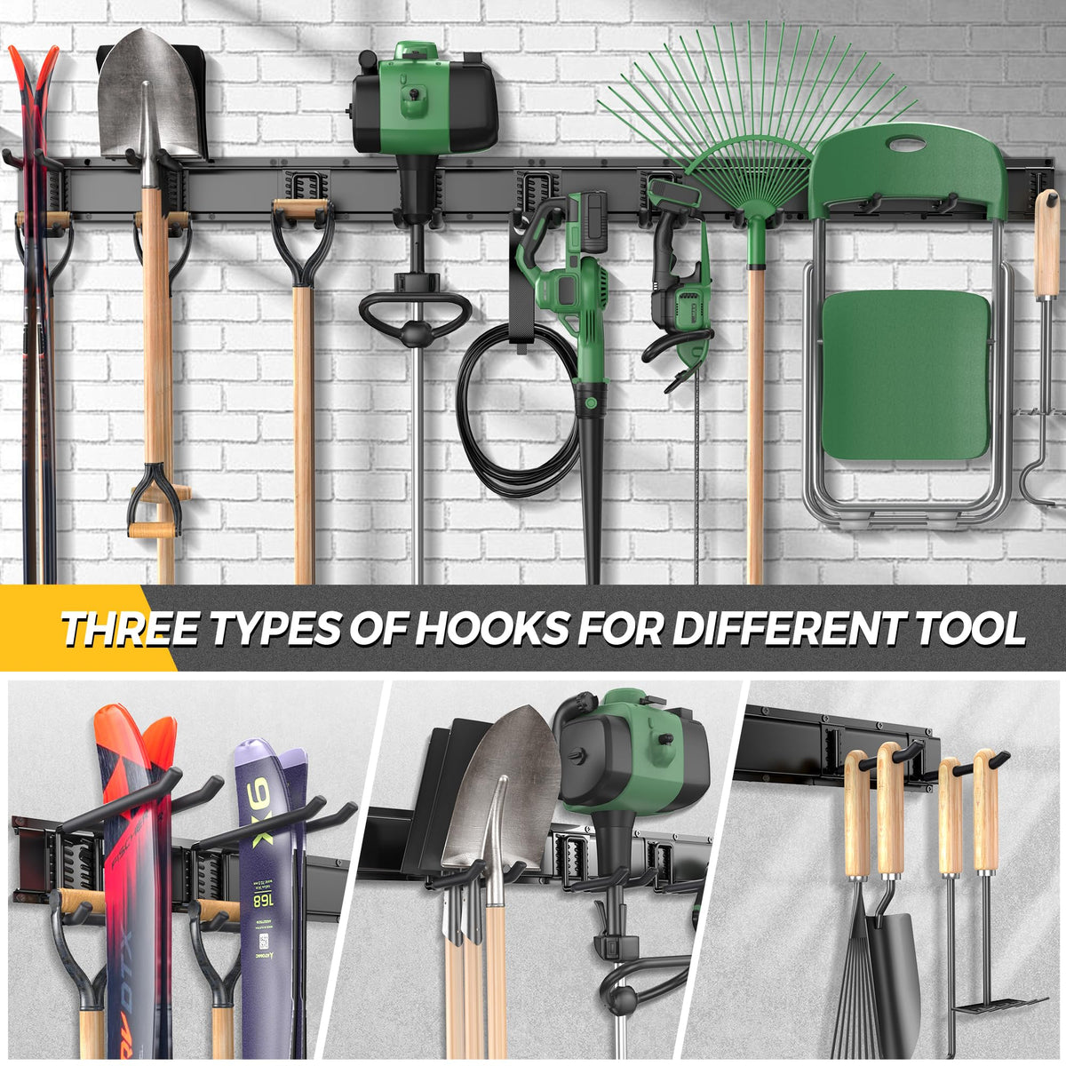 LBT 99" Garage Tool Organizer Wall Mount - 1000lbs Garden Tool Organizer with Adjustable Hooks, Heavy Duty Metal Garage Storage Rack, Anti-Rust Shed Rack Holder Hanging Rake Broom Mower Snowboard