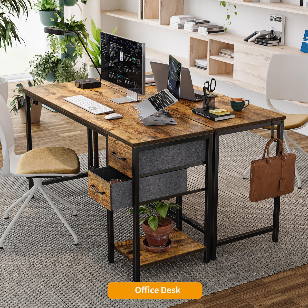CubiCubi Computer Desk with 2 Drawers, 47 Inch Small Home Office Desk with Storage Study Writing Table, Light Brown