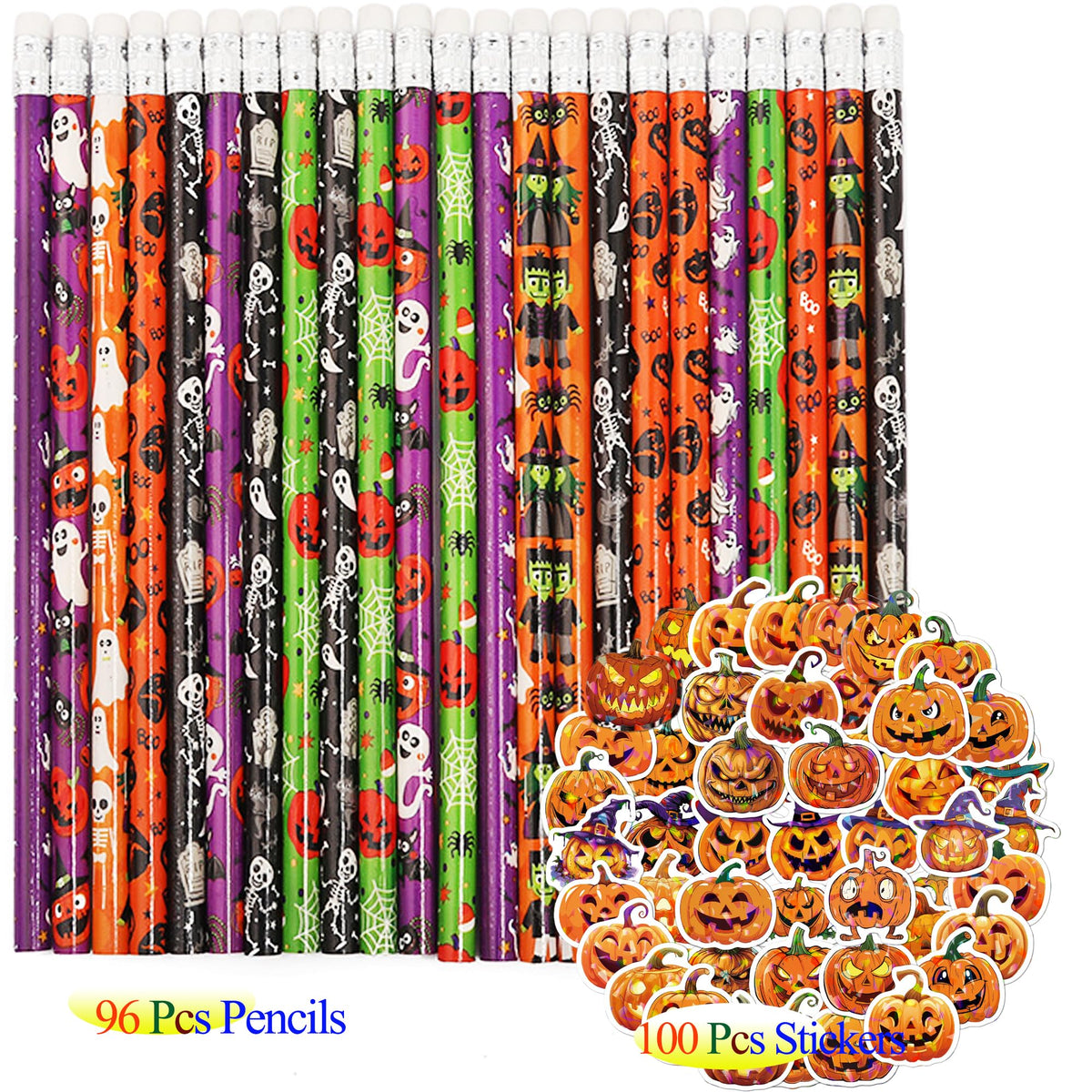 Halloween Pencils and Stickers Bulk Set – 96 Halloween Pencils with Erasers, 6 Spooky Designs + 100 Pumpkin Stickers – Trick or Treat Goodie Bag Fillers, Classroom Prizes, Party Favors Supplies