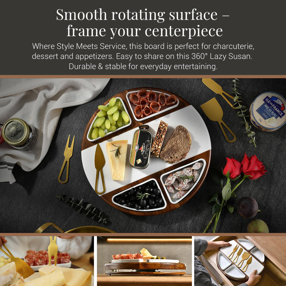 Shanik Upgraded Lazy Susan Cheese Cutting Board Set - Round Acacia Charcuterie Board with 4 Ceramic Bowls - Wedding Gifts - Cheese Serving Platter - Bridal Shower