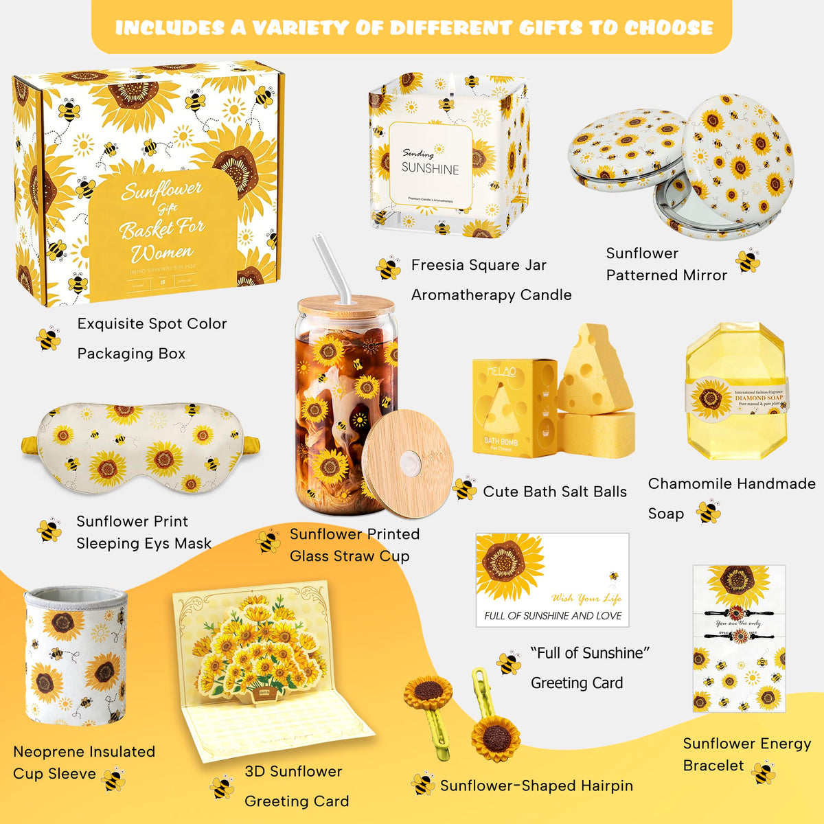 Sunflower Gift Baskets for Women, Sending Sunshine Unique Birthday Cheer Up Self Care Package, Get Well Soon Spa Gifts Set - Thinking of You Gift for Lover, Her, Girls, Women, Sister, Mom