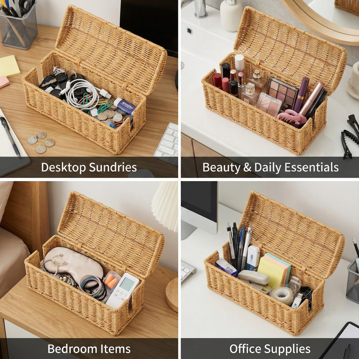 Handwoven Rattan Cable Management Box - Box to Hide Cords and Power Strip, Treasure-Box Dome-Top, Metal Baked Enamel Skeleton, Decorative Home Organizer