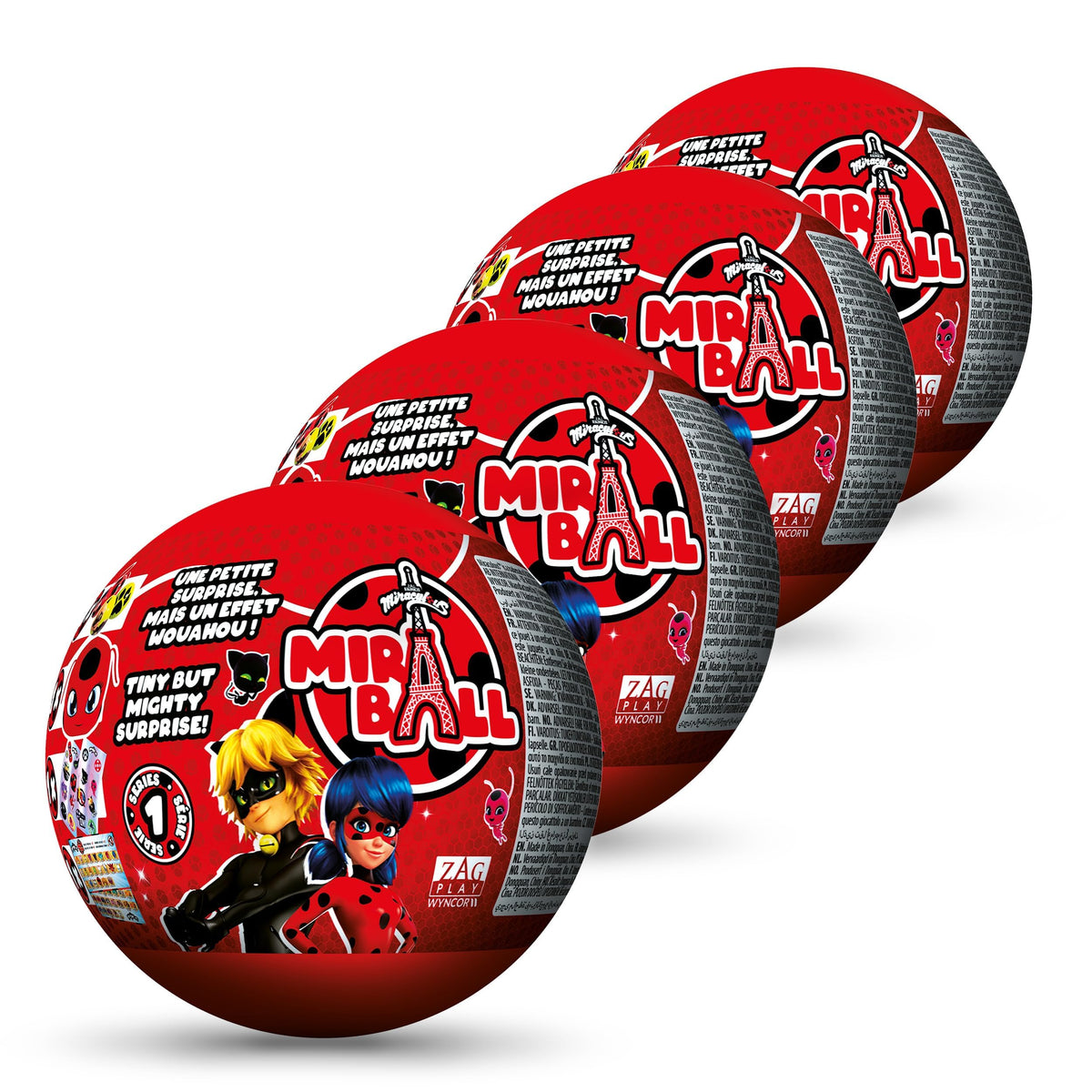 Miraculous Ladybug MiraBall, 3-in-1 Surprise, 4 Pack, Blind Box Toys for Kids - Collectable Characters from TV Shows - Metal Ball, Kwami Plush, Stickers, White Ribbon - Collect Them All