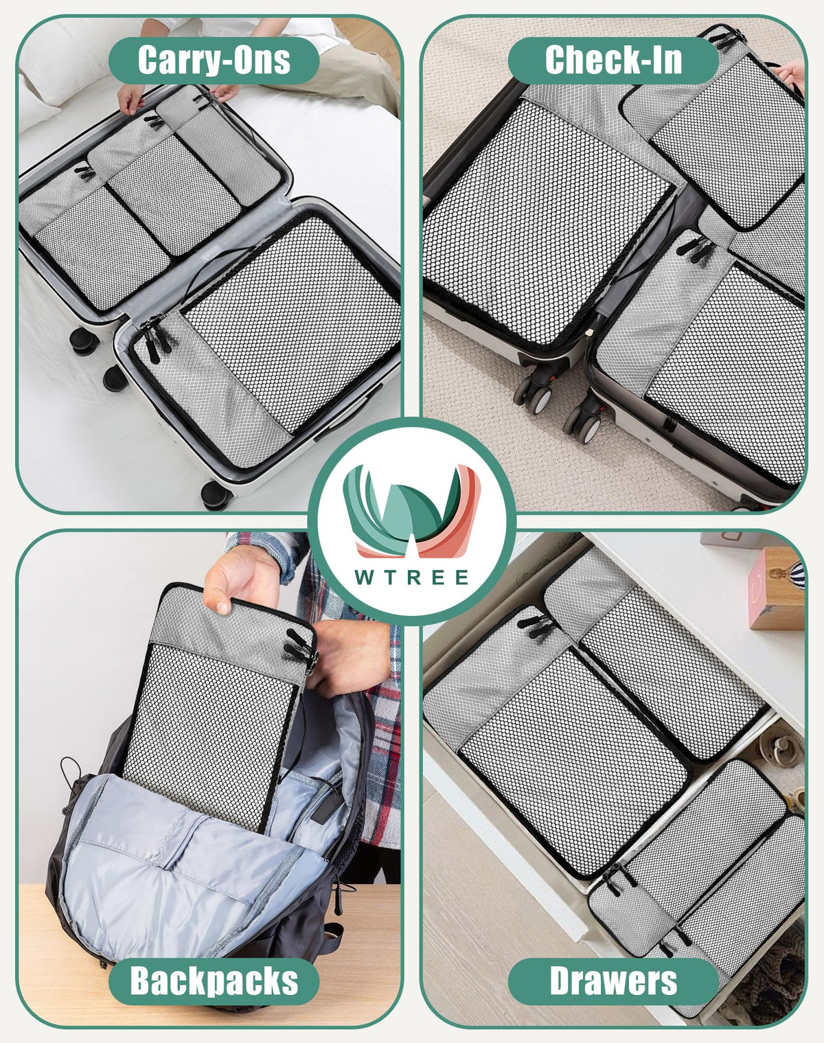 WTREE 4-Piece Packing Cubes Travel Accessories Set for Suitcases - Luggage Organizer Bags with Double Zipper - Mesh Top - Small/Medium/Large/Slim - Grey