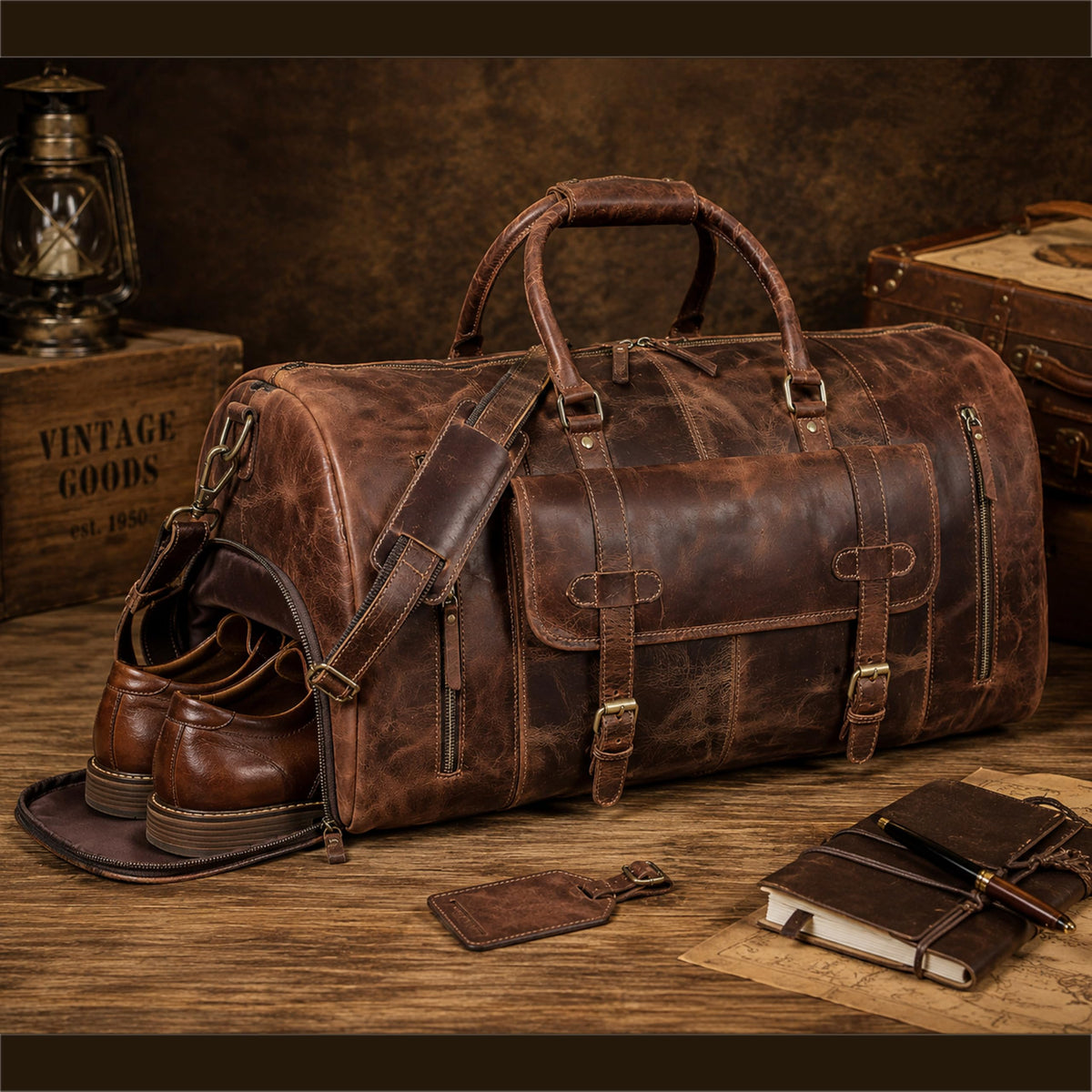Cureo 24 Inch Genuine Leather Duffle Bag for Men and Women Travel Overnight Weekender Sports Gym Carry on Luggage