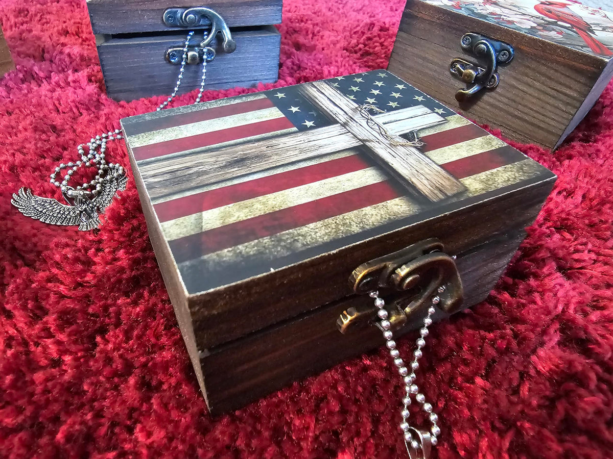 Patriotic Cross American Flag Trinket Box Rosary Jewelry Keepsake Box | US Flag Treasure Box, Patriot Gifts for Men Women Girls Gift Idea, Prayer, First Communion Box, Gifts for Home Décor (3USS)