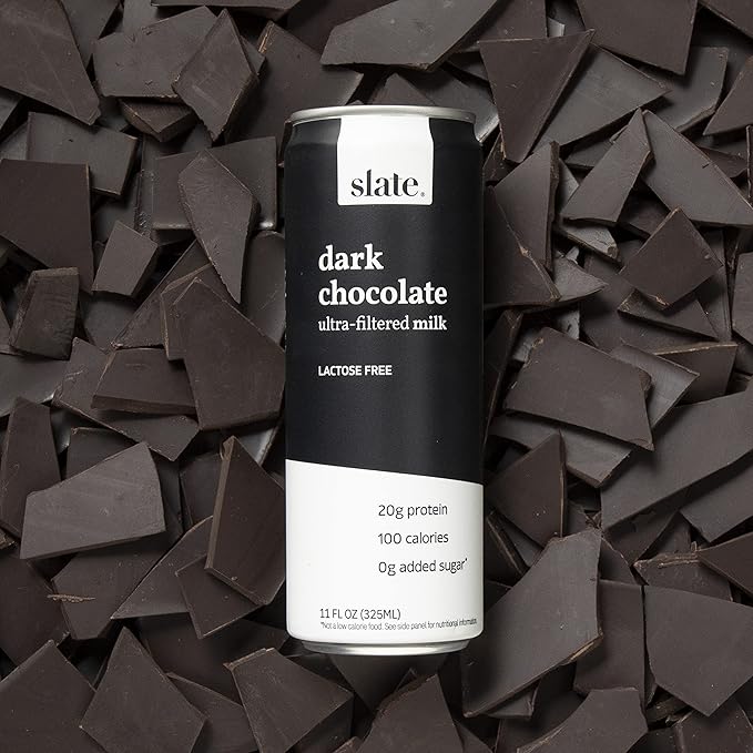 Slate Milk - High Protein Milk Shake - Dark Chocolate - Lactose Free, 20g Protein, 1g Sugar, 100 Calories, 1g Net Carbs, No Added Sugar - Natural, Breakfast Boost, Post Workout - 11 fl oz, 48 Cans