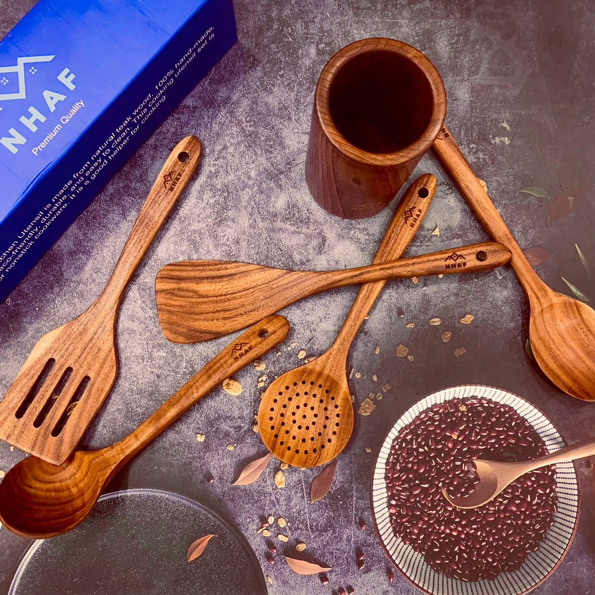 NHAF Premium Teak Healthy Spoons, Durable Eco-friendly Spatula, Wooden Utensils Set with Holder & Canvas Bag, Wooden Cooking Gifts for Mom