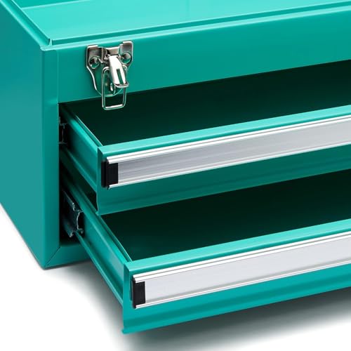 Amazon Basics Steel Tool Box Storage and Organization Drawers, Tool Storage with Powder Coat Finish, 18.11 x 8.66 x 9.45 in, Turquoise