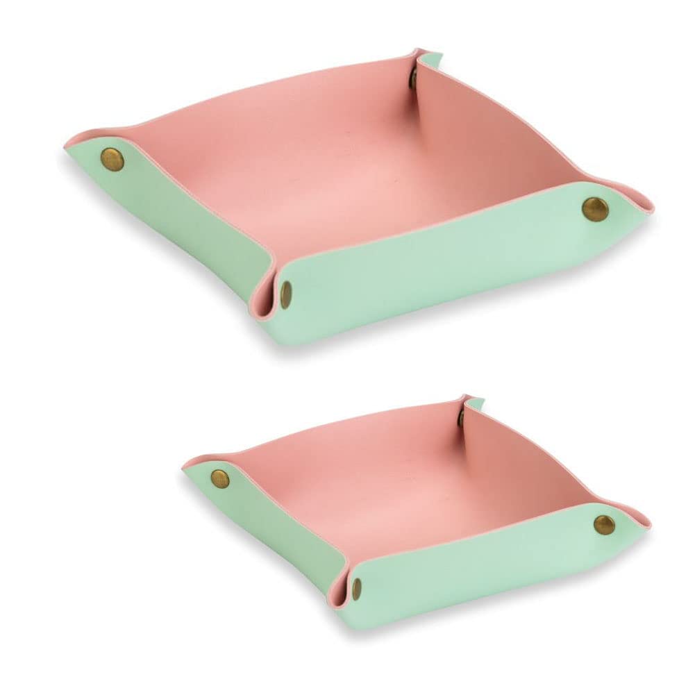 Leather Travel Tray, Valet Tray, Stylish Folding Travel Organizer Tray for Women and Man, Jewelry Tray, Wallet Tray, Key Tray for Entryway Table and Dresser Nightstand Trays (Light Green&Pink)