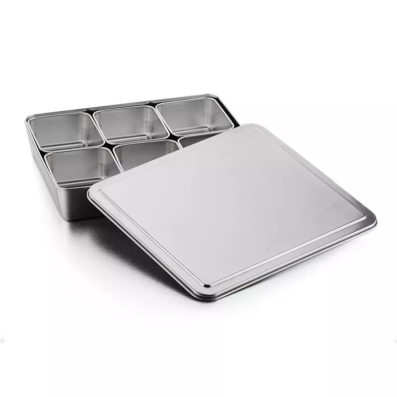 Xarra - Japanese Mini Container, Stainless Steel Yakumi Mise En Place Box, Multi Compartment Set For Food, Herbs, Seasoning and Spices (6 Compartment)