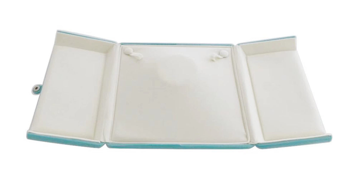 Aqua Teal Velvet Jewelry Box for Large Necklace Luxury Pearl Strand Presentation Case, Tri-Panel Flat Open Design, Button Clip Closure, Cream Velvet Interior, Gift Box for Wedding Birthday