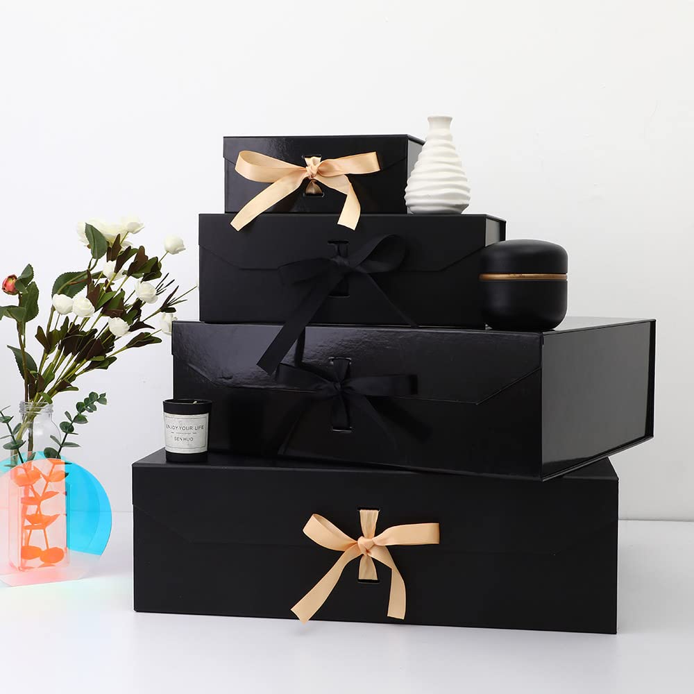 GoooodGift Extra Large Black Gift Box 16x14x5.3 Inches, Big Gift Box with Lid Magnetic Closure, Groomsman Proposal Box, Rectangle Collapsible Gift Boxes for Clothes (Glossy Black)