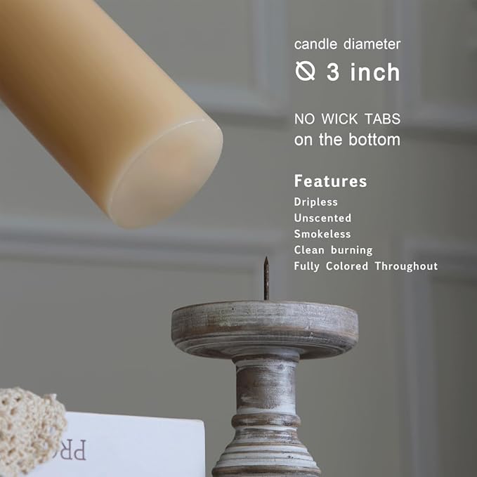 MOZEAL 3" x 4" Hand-Poured Unscented Beige Candle, Dripless Off White/Cream Pillar Candle Set of 3, Long Clean Burning, Approx 72 Hours Burn Time, Rustic Country Style, Home Decor