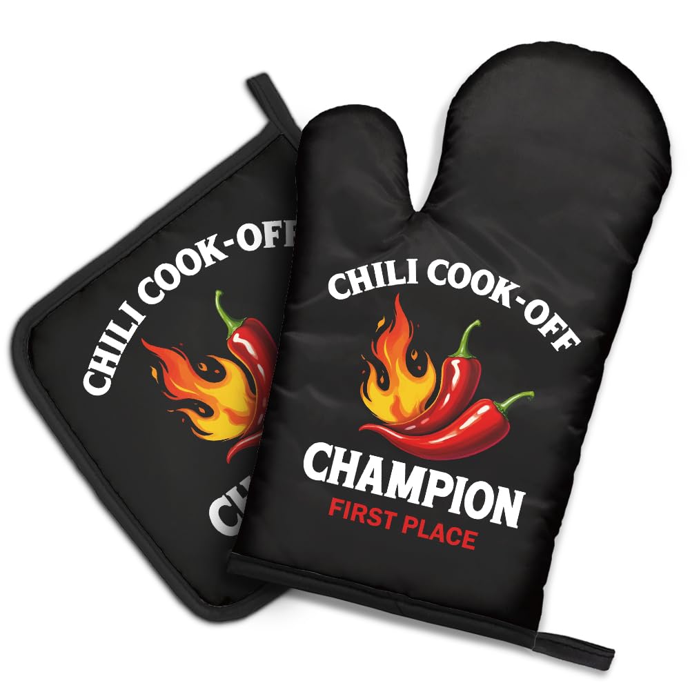 DYJYBMY Chili Cook-Off Champion First Place Funny Oven Mitts and Pot Holder Set for Baking Cooking, Chili Champion Gifts, Perfect Cooking Housewarming Baking Gifts for Women Men Dad Friend