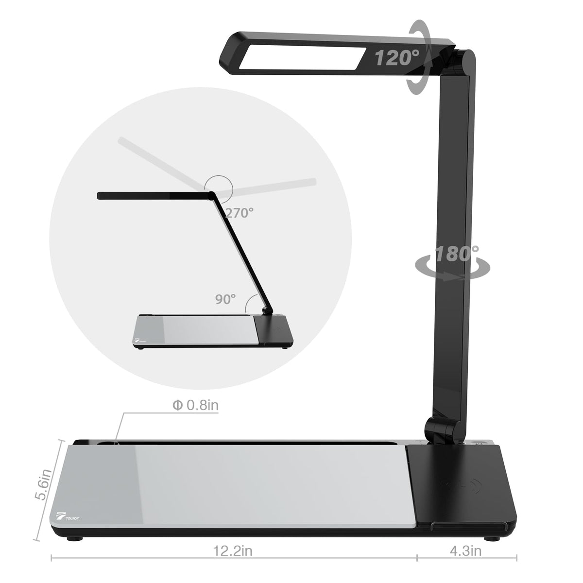 TOWON LED Desk Lamp with Charging Pad and Dry Erase Whiteboard - Adjustable 2 Level Light Touch Lamp, Eye-Caring Foldable Table Lamp with White Board Storage College Dorm Room Essentials, Black