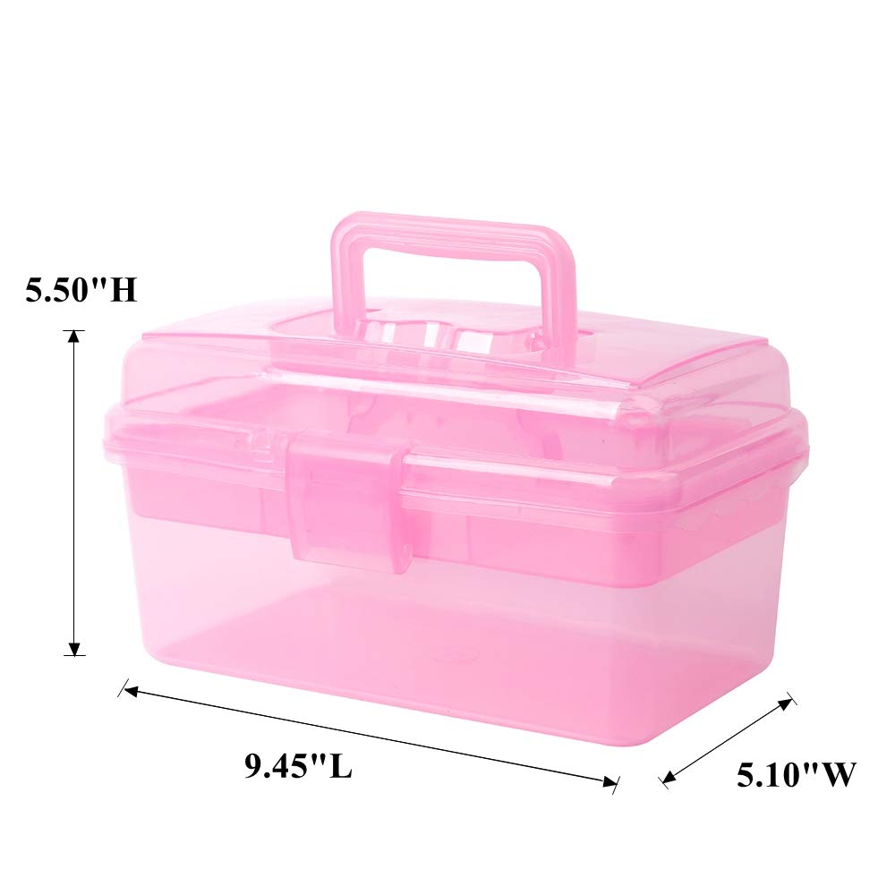 BangQiao Multipurpose Plastic Storage Container Organizer Box Case with Removable Tray and Handle for Art, Craft, Sewing Supplies, Clear&Pink