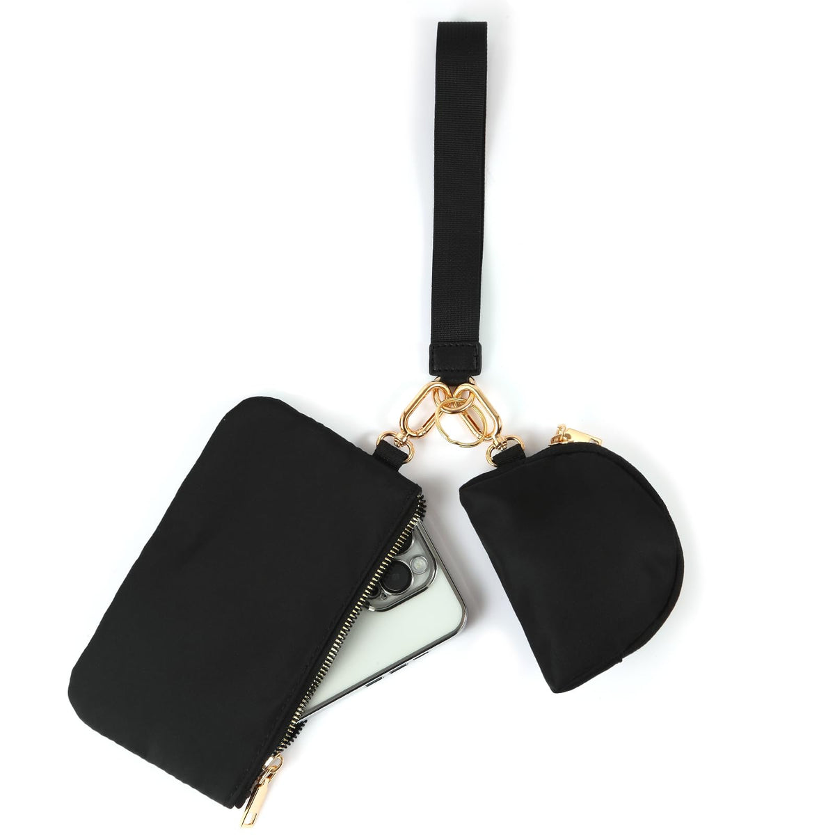 Mini Zip Around Wristlet Keychain Wallet for Women Detachable Dual Pouch Wristlet Portable Phone Coin Purse Coin Pocket (Black+Gold)