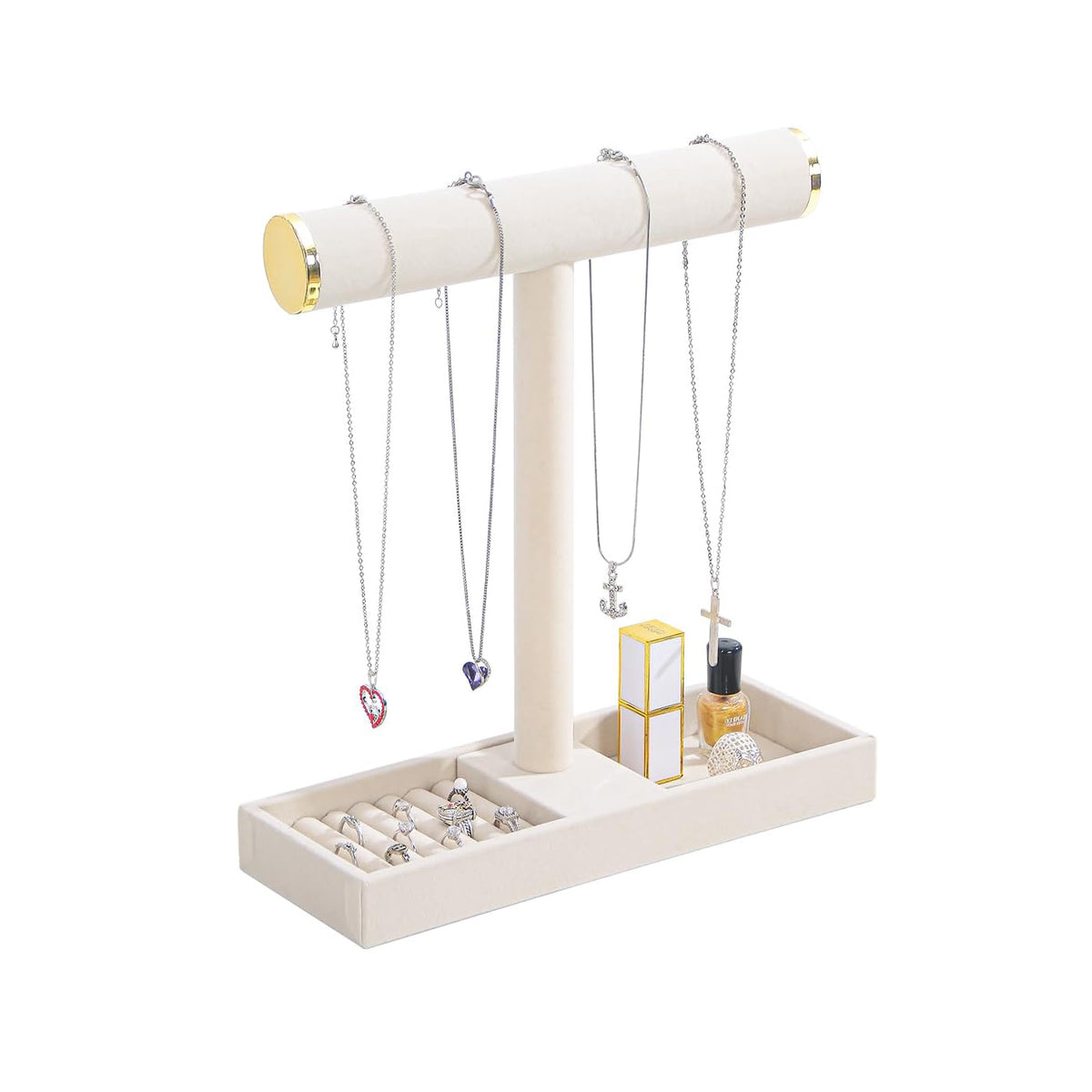 Coward Jewelry Organizer Stand, Velvet Necklace Bracelet Watch Ring Display Holder with Tray, Multi-use Jewelry Display Stand for Women Girls Dresser Nightstand (Beige)