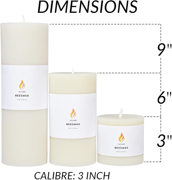 3PCS 3"x 6" Large Beeswax Pillar Candles, Made of Pure Natural Beeswax, with Ultra Long Burning Time and Low Allergenicity-White,82H