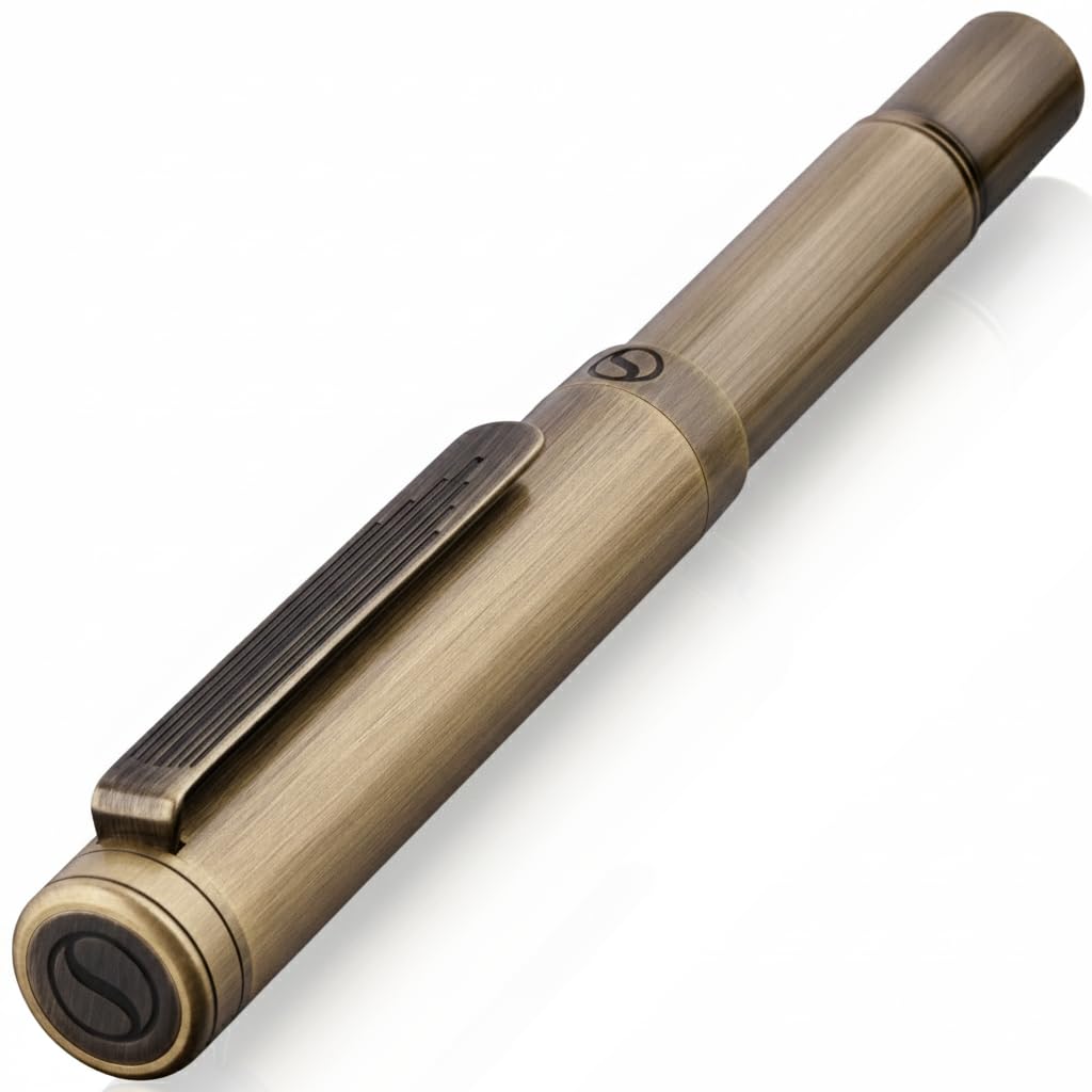 Scriveiner Brass EDC Luxury Rollerball Pen, Stunning Heavy Pocket Rollerball, Hand Brushed Bronze Finish, Best Writing Gift for Men, Women, German Schmidt Refill, Fancy Office & Designer Pen