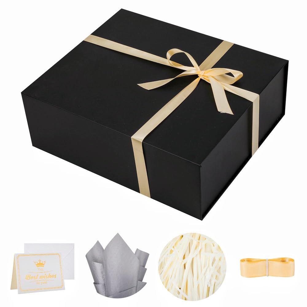 UoeRing 1 Extra Large Black Gift Box 17x14.5x6 inch Luxury Gift Box for Presents with Magnetic Closure Lid Collapsible,Birthday,Christmas,Contains Card, Ribbon,Tissue Paper,Shredded Paper Filler