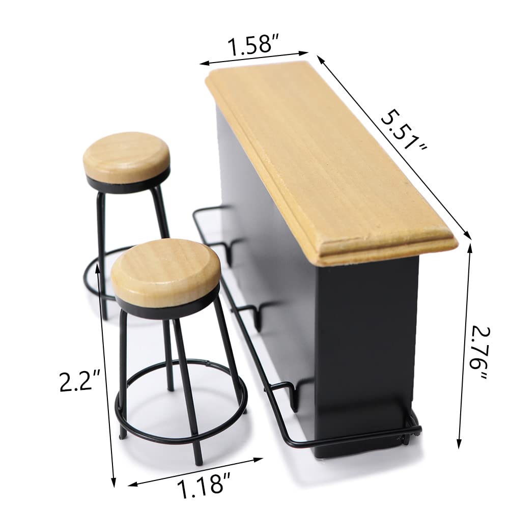 Dollhouse Furniture Metal Bar Table & Chair with Wood Top Pub Set 1:12 Scale Miniature Accessories Bar Counter Stool Mini Dining Coffee Table Model Layout Props Desktop Decor