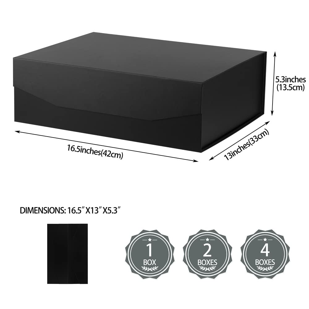 PACKGILO Black Extra Large Gift Box with Lid 4 Pcs 16.5 x 13 x 5.3 Inches, Gift Box large Black Gift Boxes for Presents Clothes Robe Wedding Dress Sweater,Reusable Foldable Bridesmaid Proposal Box（Matte）