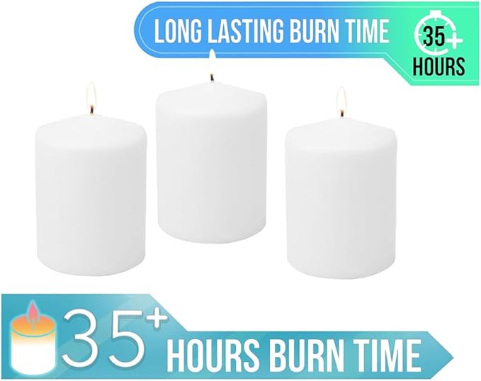 Stonebriar 3 Pack Tall 3 x 4 Inch 35 Hour Long Burning Unscented White Wax Pillar Candles