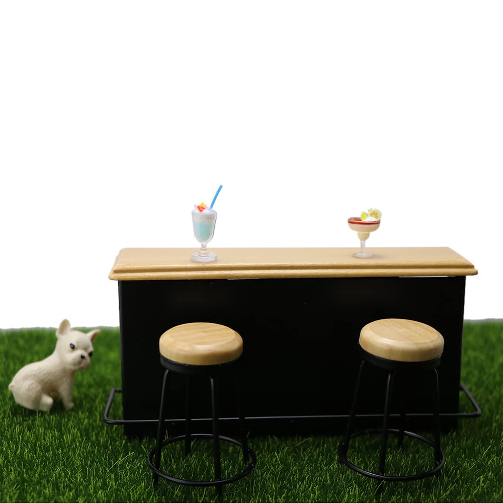 Dollhouse Furniture Metal Bar Table & Chair with Wood Top Pub Set 1:12 Scale Miniature Accessories Bar Counter Stool Mini Dining Coffee Table Model Layout Props Desktop Decor