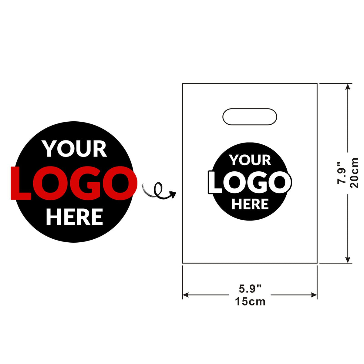 100 SALIFECO Custom Plastic Bags with Logo, 2.36Mil Personalized Shopping Bags with Die Cut Handles, Glossy Gift Bags for Small Business, Boutique, Retail, Trade Shows, Events, Parties (6x8In)