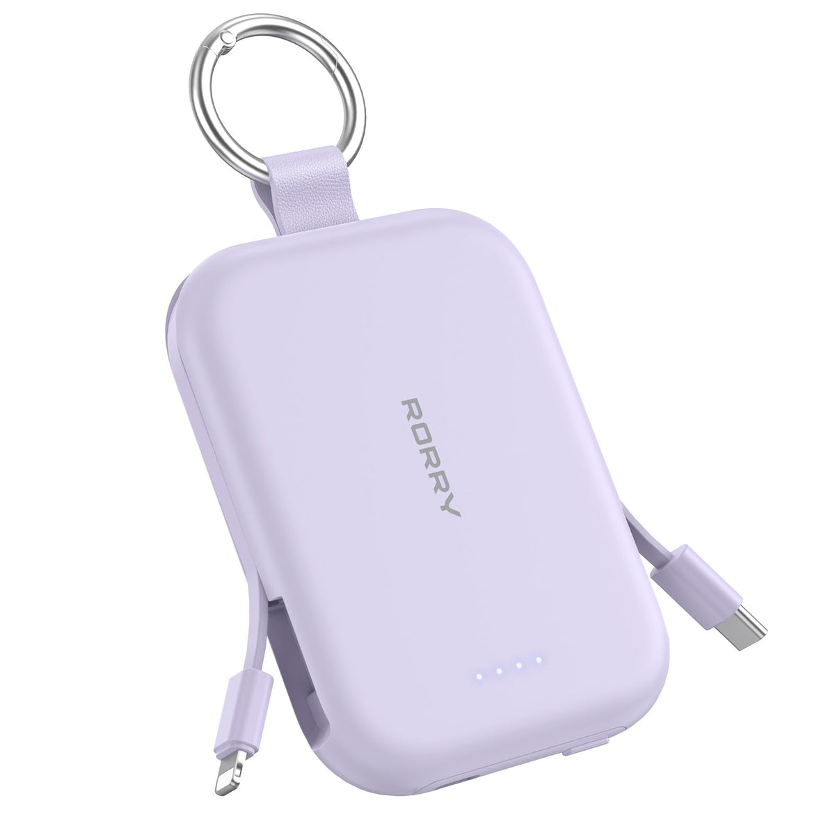RORRY Portable Charger, 5000mAh Portable Charger Power Bank with Built-in Cables, Travel Keychain Charger Battery Pack for iPhone 17/16/15/14/13/12, for AirPods 2/3/4/Pro, Purple