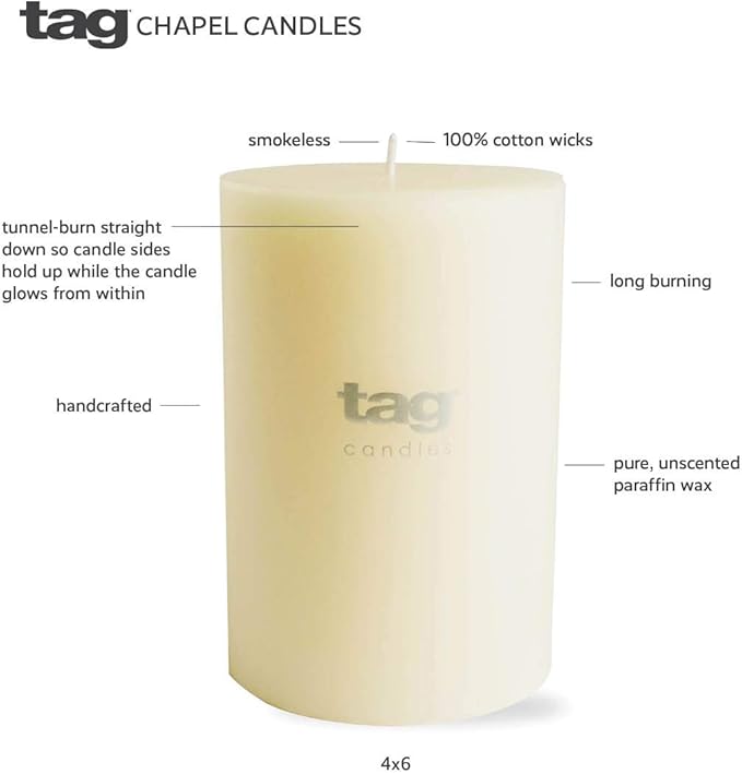TAG Chapel 3X8 Ivory Pillar Paraffin Wax Candle Unscented Drip-Free Long Burning 115 Hours For Home Decor Wedding Parties 3x8 Ivory
