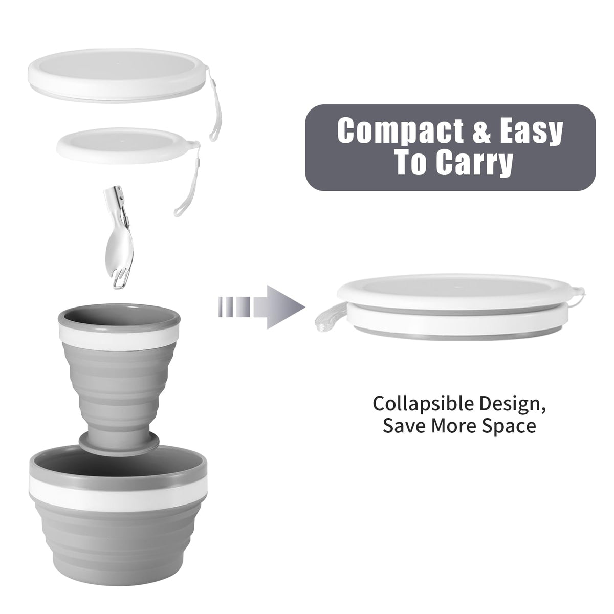 Odoland Camping Collapsible Silicone Cup and Bowl Set, Portable Mess Kit with Stainless Steel Spork and Lid for 1 Person Backpacking, Family Cookware, Hiking, Picnic, Travel