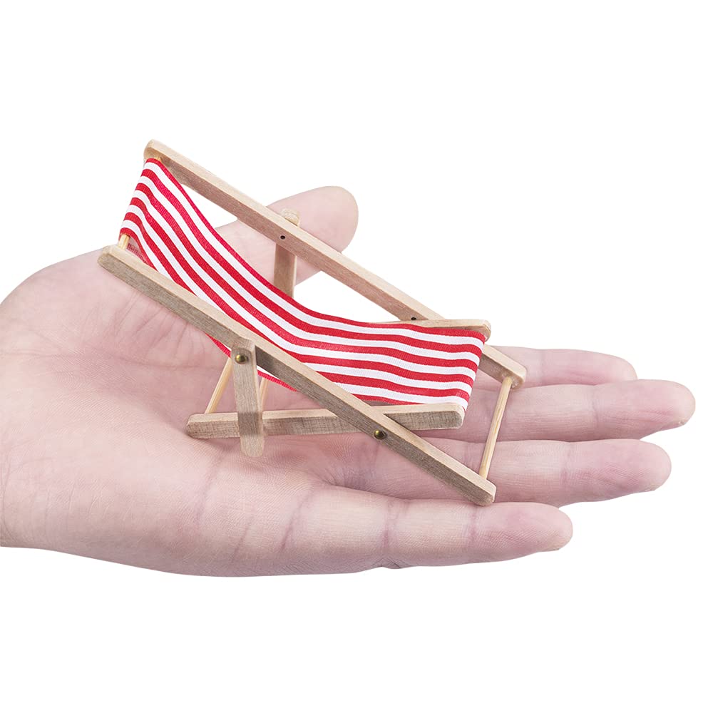 Dollhouse Miniature Furniture Accessories Foldable Wooden Beach Chair Mini Longue Deck Chair Doll House Ornament Kits for DIY Fairy Garden Dollhouse Decoration - Pack of 4