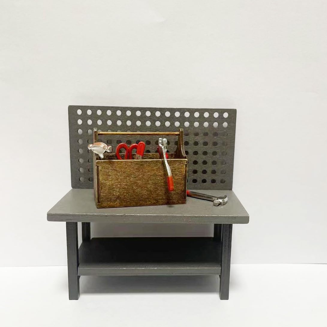 1:12 Dollhouse Miniature Tool Workbench with Accessories Miniature Dollhouse Garage Garden Furniture (Darkgreyworkbench)