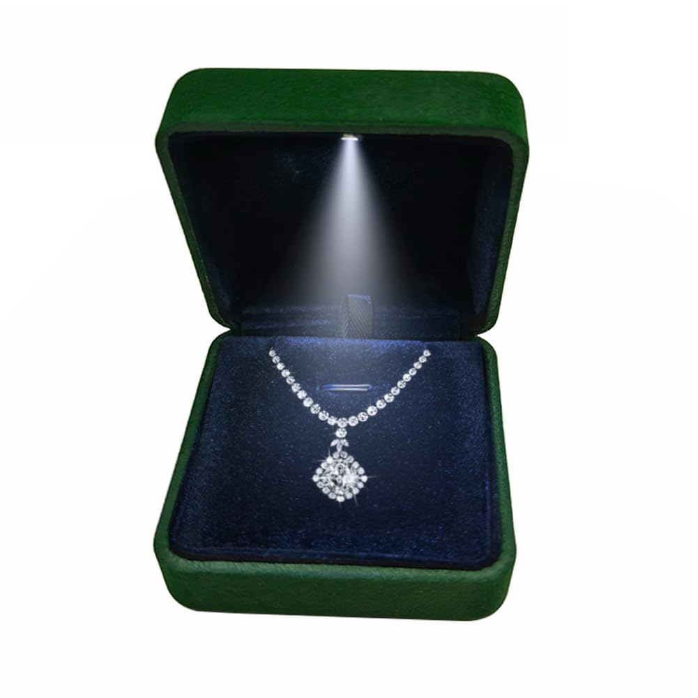 GBYAN Pendant Necklace Box with LED Light, Necklace Gift Box Velvet Jewelry Display Case for Proposal Engagement Wedding and Birthday,Emerald Green