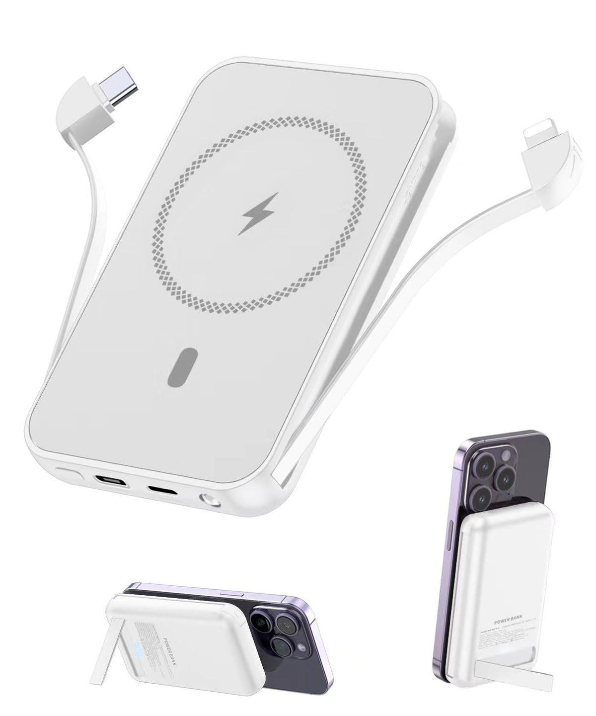 for Magnetic Power Bank, 6800mAh Wireless Portable Charger with PD30W Fast Charging, Battery Pack Built-in 2 Output Cables for iPhone Series(Silver White)