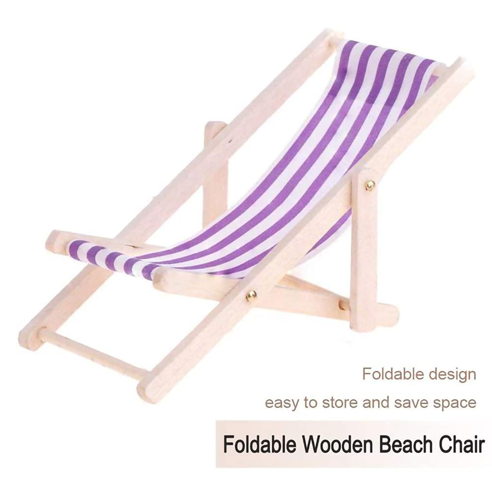 Dollhouse Miniature Furniture Accessories Foldable Wooden Beach Chair Mini Longue Deck Chair Doll House Ornament Kits for DIY Fairy Garden Dollhouse Decoration - Pack of 4