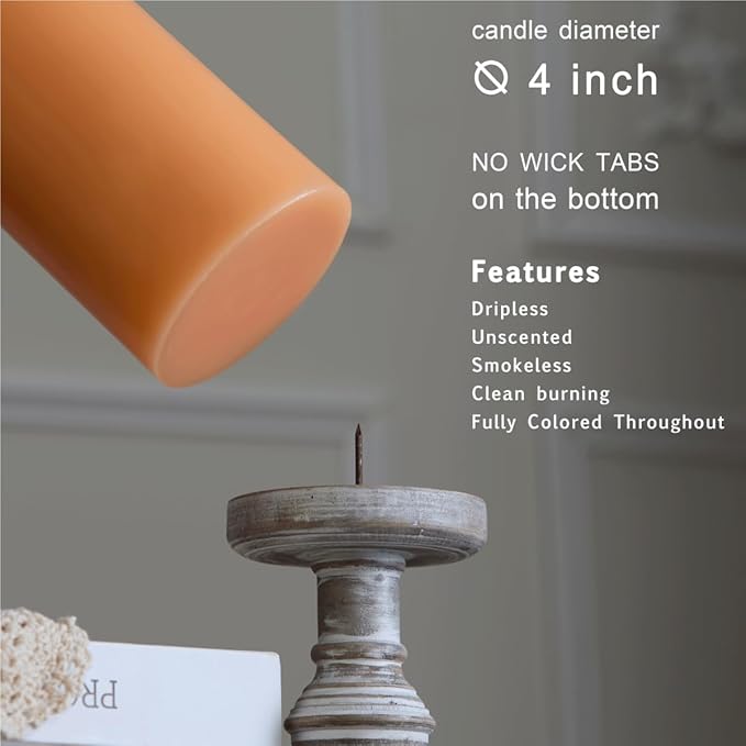 MOZEAL 4" x 10" Extra-Large Peach Fuzz Pillar Candles (Set of 2), Unscented, Dripless, Smokeless, Long Clean-Burning, Tall 10 inch Large Peach Fuzz Pillar Candles for Gentle Evenings Decor