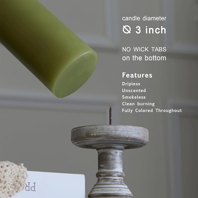 MOZEAL 3" x 4" Hand-Poured Unscented Olive Green Candle, Dripless Moss Green Pillar Candle Set of 3, Long Clean Burning, Approx 72 Hours Burn Time, Rustic Country Style, Home Decor