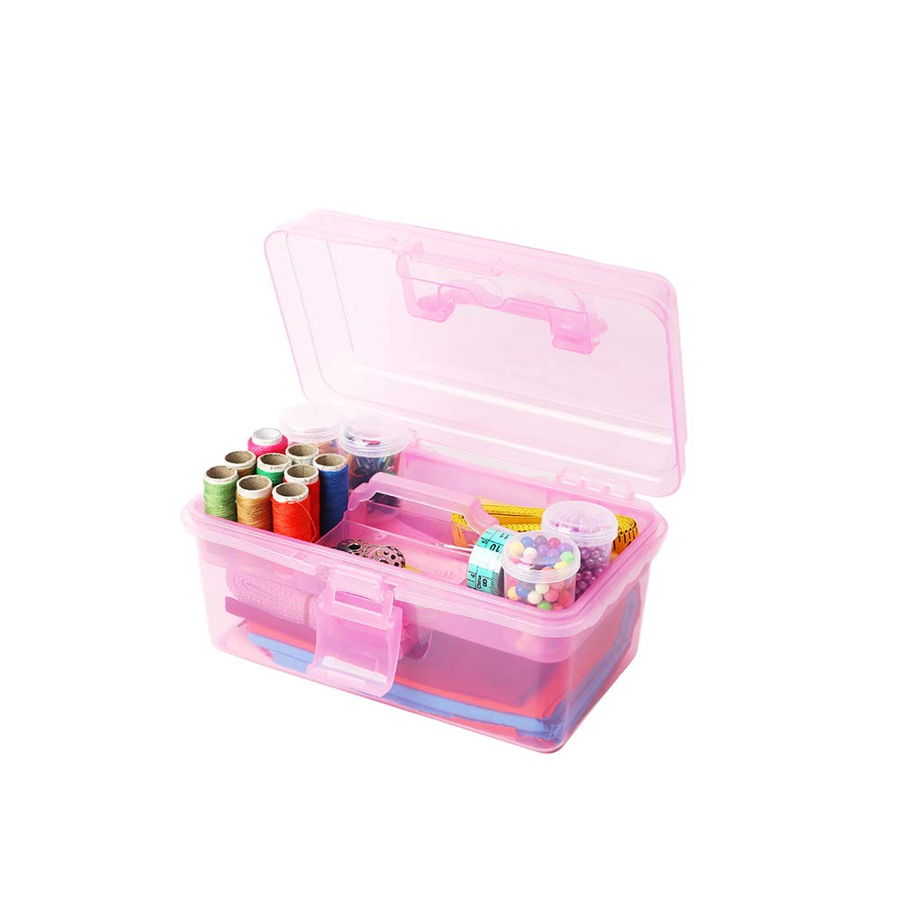 BangQiao Multipurpose Plastic Storage Container Organizer Box Case with Removable Tray and Handle for Art, Craft, Sewing Supplies, Clear&Pink