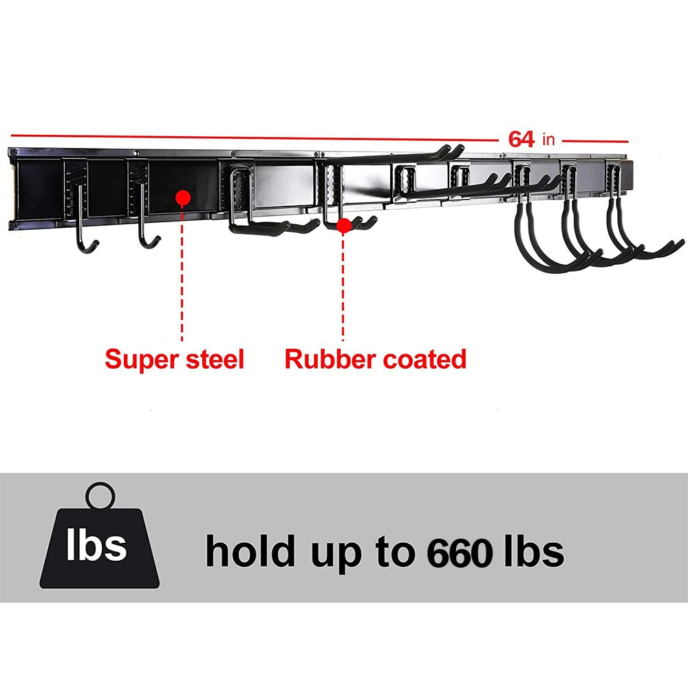 Ultrawall 13 PCS Tool Storage Rack, 64 Inches Adjustable Garage Organization Wall Mounted Storage System with 9 Hooks, Heavy Duty Steel Garden Tool Organizer Wall Holders