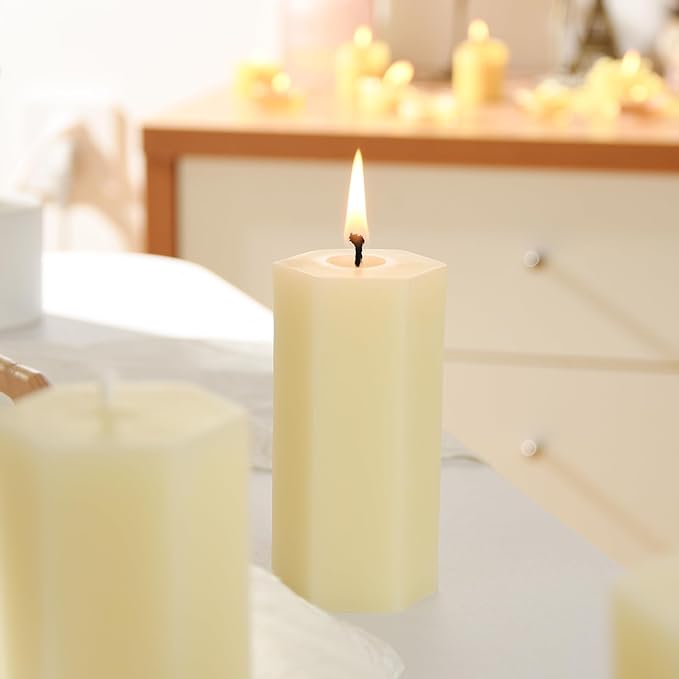 6PCS Hexagon Beeswax Pillar Candles,Large Handmade Pure Beeswax Candle,Unscented Smokelessï¼? * 4",18H, White