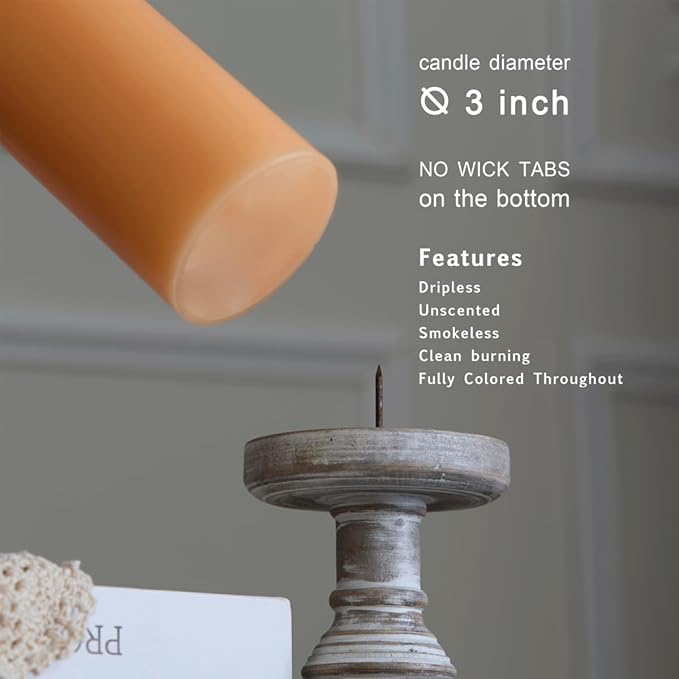MOZEAL 3" x 6" Hand-Poured Unscented Candle, Dripless Pillar Candle Set of 3, Long Lasting Burning, Approx 120 Hours Burn Time, Rustic Country Style, for Summer Soirees, Peachy Atmosphere, Peach Fuzz