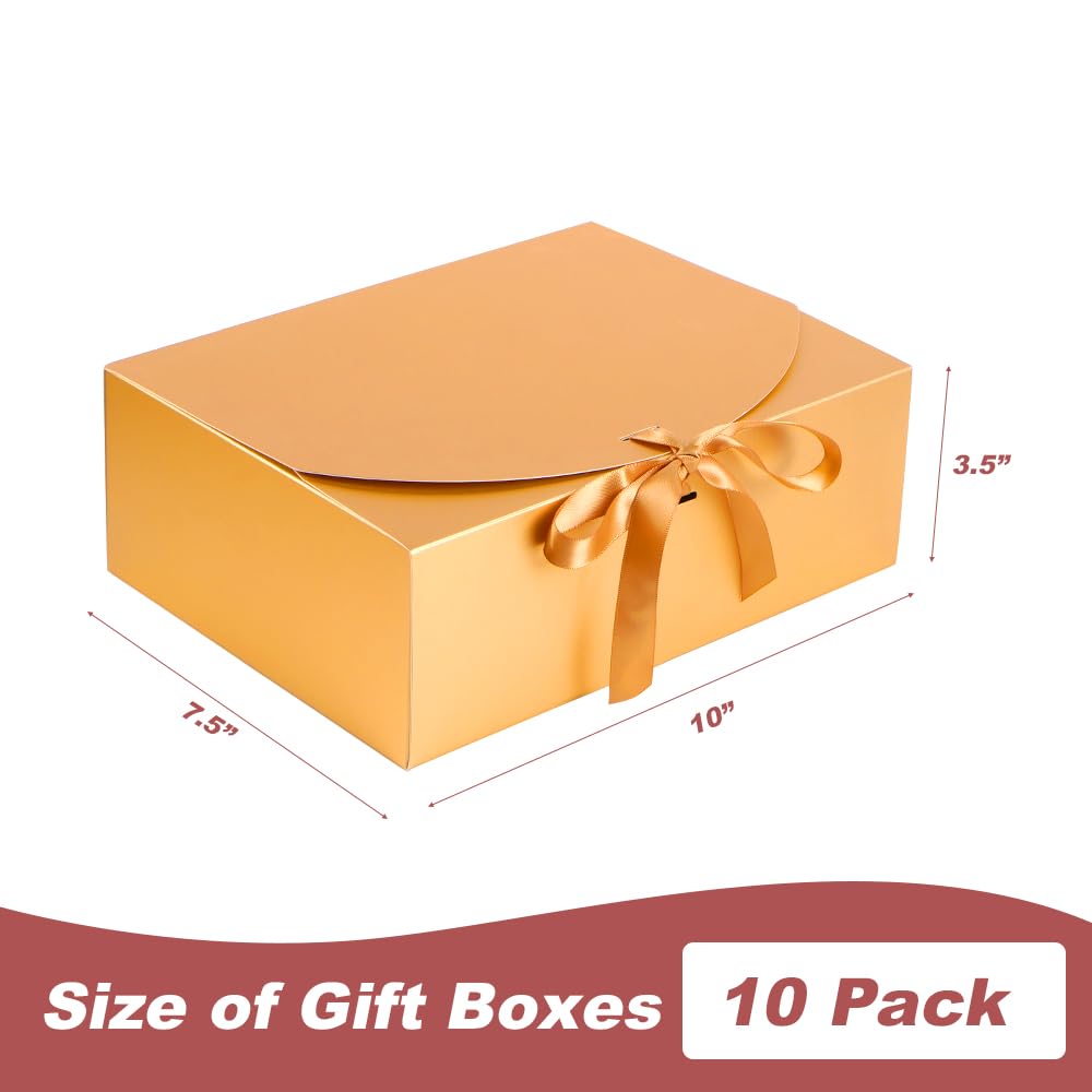 10 Pack Gift Boxes with Ribbon 10x7.5x3.5 Inch - Cardstock Wedding Favor Boxes for Bridesmaid Proposals, Birthday & Holiday Gift Packaging (Gold)