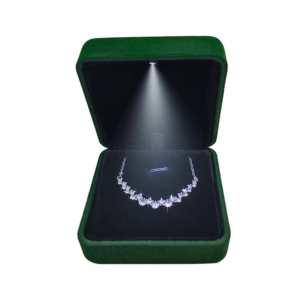 GBYAN Pendant Necklace Box with LED Light, Necklace Gift Box Velvet Jewelry Display Case for Proposal Engagement Wedding and Birthday,Emerald Green
