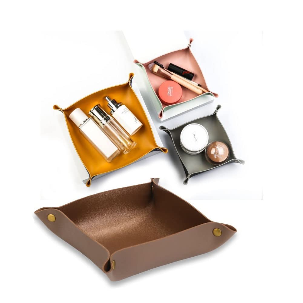 Leather Travel Tray, Valet Tray, Stylish Folding Travel Organizer Tray for Women and Man, Jewelry Tray, Wallet Tray, Key Tray for Entryway Table and Dresser Nightstand Trays (Light Green&Pink)