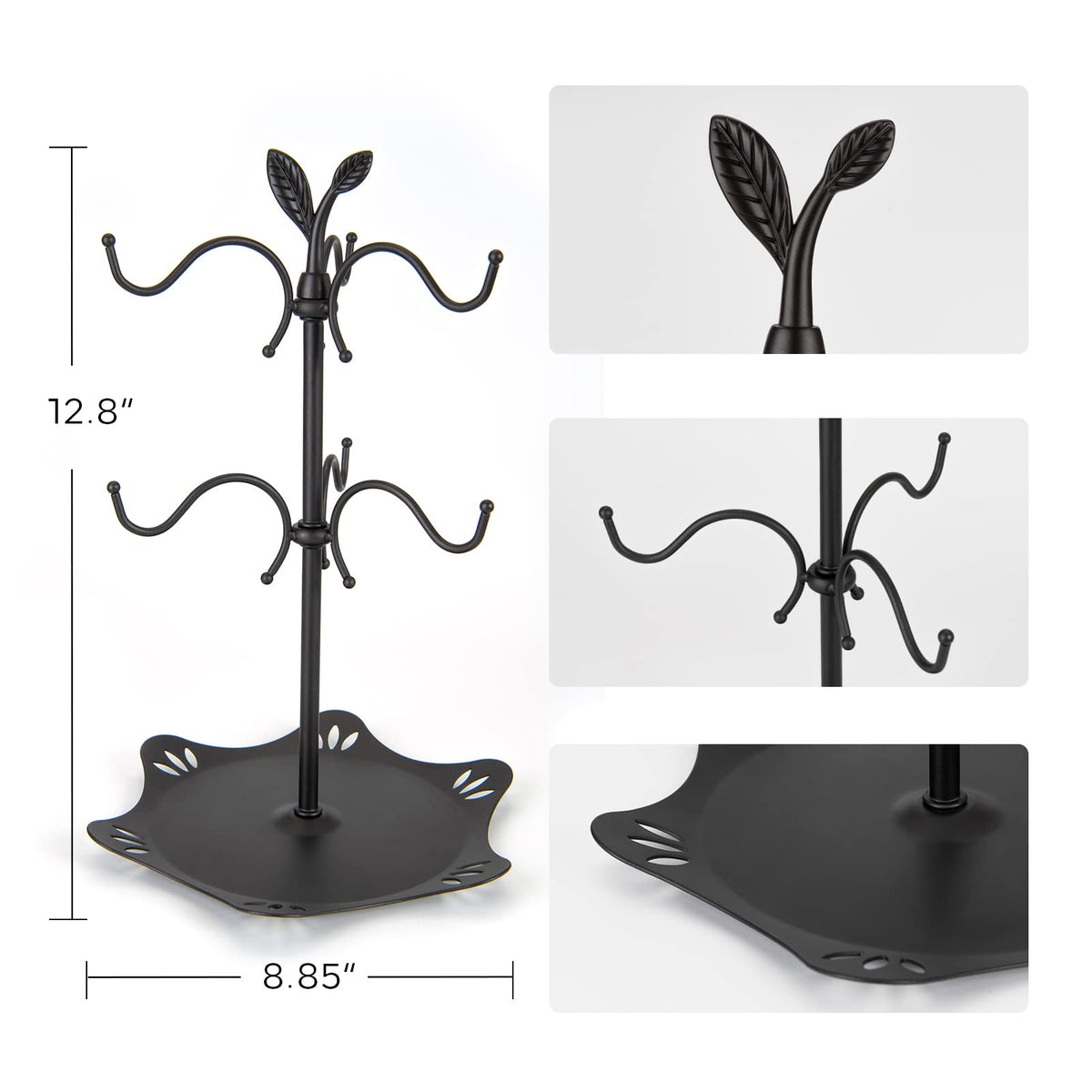 Coffee Mug Holder for Large Mugs, Mug Tree for Counter, Cup Holder for Countertop, Mug Rack with Tray, Metal Mug Tree with 6 Hooks, Coffee Counter Bar Accessory & Kitchen Home Organizer